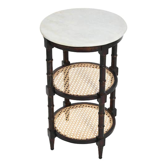 Round Solid Wood End Table with Genuine Marble Top and 2 Woven Cane Storage Shelves, Brown Stain and Natural